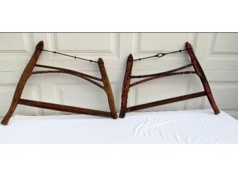 Pair Of Early Bow Saw's In Original Paint, Stretchers & Blades