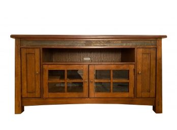 Raymour & Flanigan - Lowboy Entertainment Storage Hutch With Glass Doors And Slate Accents