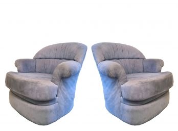 Pair Of Light Blue Micro-suede Round Swivel Chairs