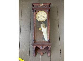 Vintage Waterbury Clock Co. Pendulum Glass Case Wall Clock With Decorative Molding