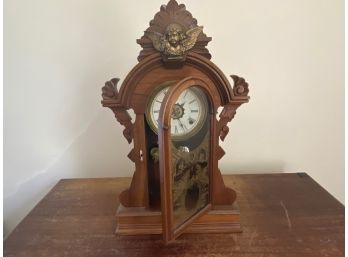 Vintage Ansonia Clock Co. Trademark A Crested Mantle Clock With Brass Angel Finial And Cherub Etching