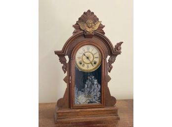 Vintage Early 1900's Ansonia Clock Co. Trademark A Crested Mantle Clock With Brass Angel Finial