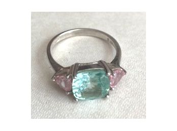 Wicked Nice STERLING RING With Pale Green Center Stone And Flanked By Two Pink Stones