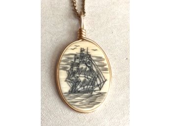 Gold Tone Chain With Scrimshaw Pendant Of Sailing Ship