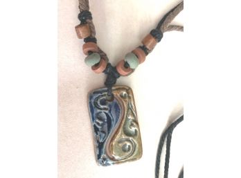 Hand Made Art Pottery Pendant On Leather Necklace