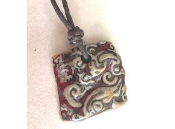 Hand Crafted Art Pottery Pendant On Leather Necklace