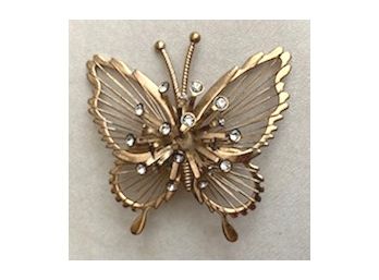 Gold Tone Butterfly Pin With Rhinestones