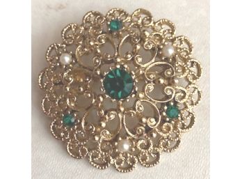 Pretty Signed 'J.J. ' Pin  With Faux Seed Pearls And Green Rhicestones