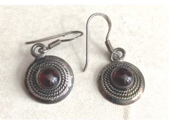 Antique STERLING Loop Earrings With Red Stones