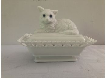 Milk Glass Cat Covered Compote