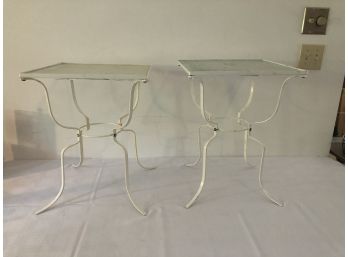 2 White Wrought Iron Glass Top Side Tables