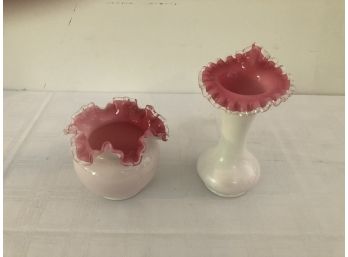 Pair Pink Ruffled Milk Glass