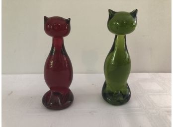 Pair Of Red/green 7' Glass Cats