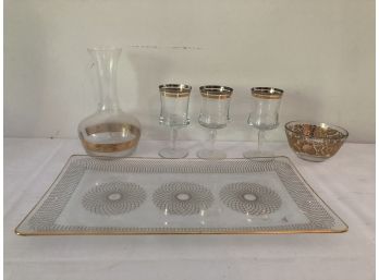 6 Pc Misc. Gold Rimmed Glasses/Tray, Bowl, Decanter
