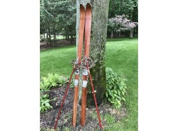 Amazing Pair Of Antique Wooden Skis And Bamboo Poles