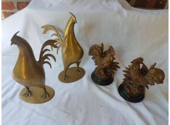 Rooster Town! Pair Of Brass Rooster Sculptures & Pair Of Bookends