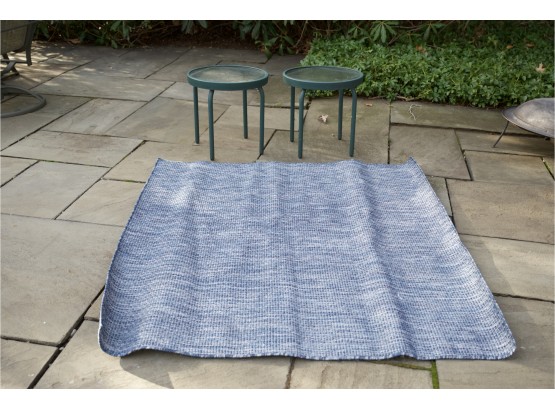 Two Round Outdoor Tables & Outdoor Rug  A