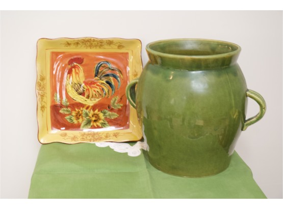 Square Rooster Platter & Green Planter  A
