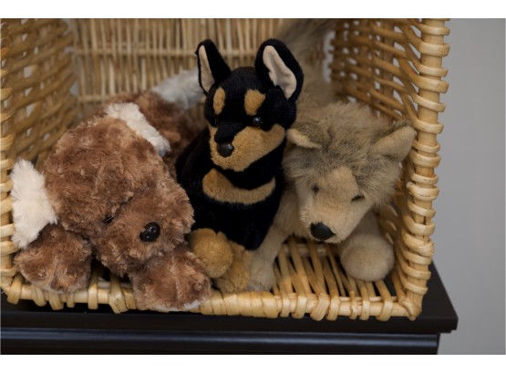 Wicker Basket Of Stuffed Animals  A