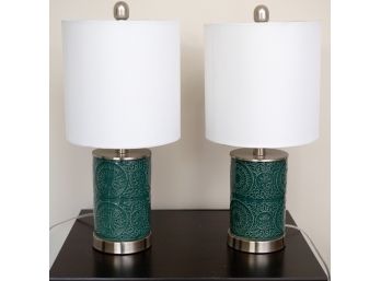 Pair Of Green Medallion Motif Lamps With Drum Shades  A