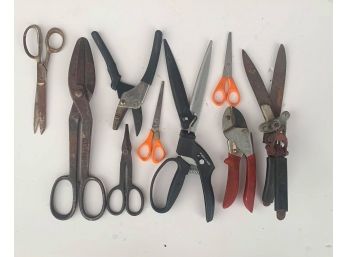 Lot Of 9 Scissors , Sheet Metal Cutters, & Garden Scissors