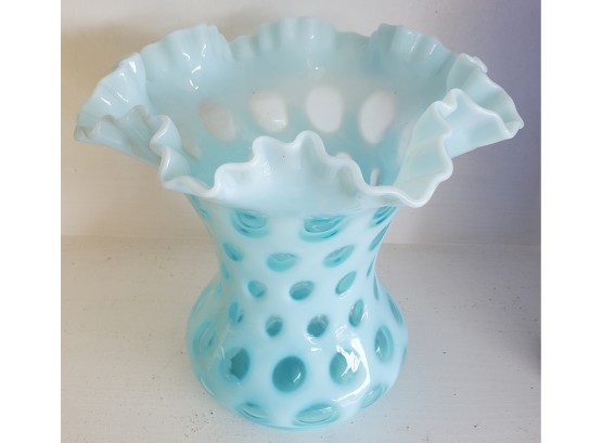 Vintage Tiffany Blue Fenton Ruffled Top & Clear Coin Cut Flower Vase
