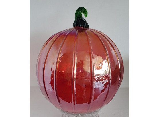 Rich In Color, Vintage Hand- Blown Glass Fall Pumpkin - Red / Orange With Green Stem & Iridescence Shine!
