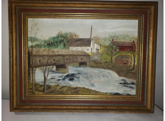 Vintage Framed Original Oil Painting On Canvas. Covered Bridge, Steepled Church And Barn. Signed Reynolds