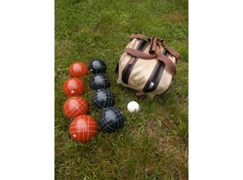 Vintage Bocce Ball Game Set In Canvas &  Leather Handled Bag And The Original Instructions Sheet