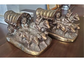 Vintage Bronzed Oxen- Driven Covered Wagon Book Ends - Family With Horseback Man With His Rifle