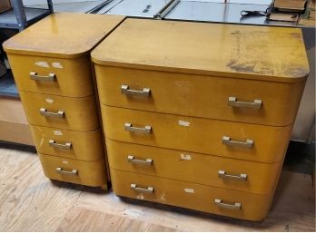 Mid Century Modern Maple Chests Or End Tables- 2 Varying Sizes - Each With Four Large Drawers For Storage