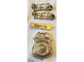 1930s Rowayton, Conn Fire Department Uniform Hose Co Badge, Tie Clip, Two R.F.D. Letter Pins (FD Lot 2 Of 2)