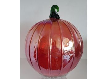Rich In Color, Vintage Hand- Blown Glass Fall Pumpkin - Red / Orange With Green Stem & Iridescence Shine!