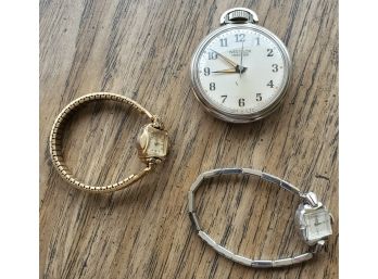 Three Vintage Timepieces - Westclox Pocket Ben Watch Benrus Wristwatch Lady's Helbros Wristwatch
