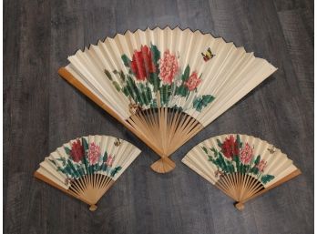 Vintage Paper Fans, 1 Giant And 2 Regular, Printed With Flower And Butterfly Scene