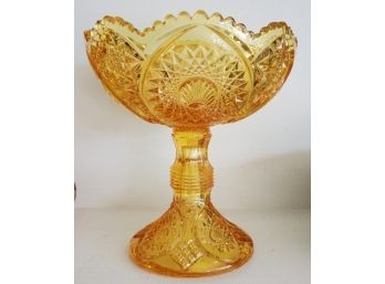 Vintage Deep Yellow Pressed Glass Compote - Circa 1930s - 1940s. 9' Tall X 8 1/4' Wide Top Bowl