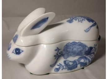 Decorative White China Rabbit-shaped Box With Blue Flower & Ribbon Imagery
