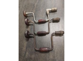 3 Vintage Hand Crank Screwdrivers/drills, Of Metal And Wood