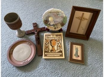 Misc. Religious Lot: Cross, Frames, Cup, Plates, Books, Etc