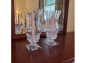 Pair Of Lovely Hurricane Glass Shade Candle Holders With Floral Etched Bases