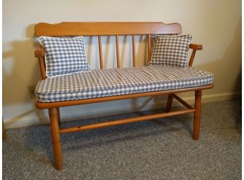 Stained Pine Bench With Country Plaid Upholstered Cushions