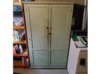 Vintage Two- Door Painted Green Wood Cabinet Circa 1960s With Five Shelves And Original Hardware