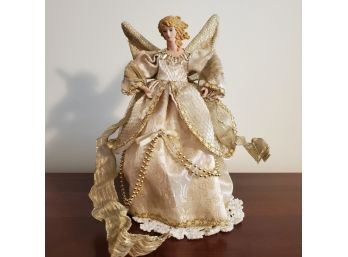 Dresser Top Porcelain And Cloth Angel Figurine With Hand- Crocheted White Lace Doily