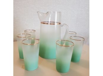 Lovely & Elegant 1960s Green Frosted Pitcher Six Glasses With Gold Accents