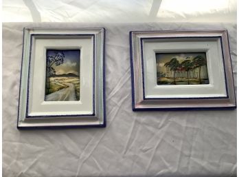 518, Pair Of Ceramic Framed Art Hand Painted By Stebas Featuring Beach Scenes, Made In Italy