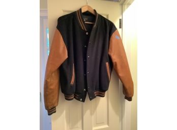 540, Brooks Brothers Navy Wool And Brown Leather Letterman Style Jacket, Size Mens Large