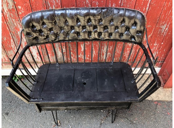 Early 19th Century Antique Buggy Bench Seat With Button Tufted Leather And Hairpin Legs