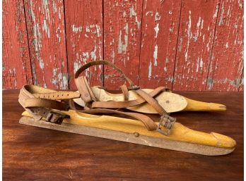 Pair Of Early Primitive Dutch Wooden Speed Skates With Leather Straps