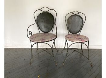 Vintage Wrought Iron Chairs With Floral Fabric Seat And Stenciled Tole Backrest