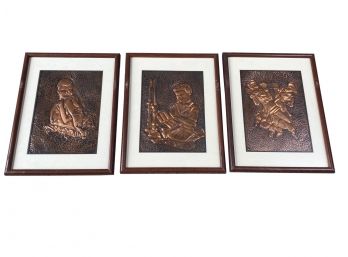 Set Of 3 Handmade Embossed Relief Copper Israeli Artwork